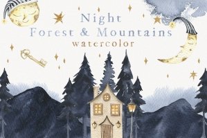 Watercolor Mountains & Forest Clipart