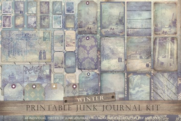 Printable Junk Journal Kit, Ephemera, Teal Junk Journal, Damask
