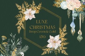 Luxe Christmas Deep Green & Gold Winter Florals Watercolor