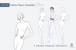 Female Fashion Figure Template - 9 Heads Fashion Croquis