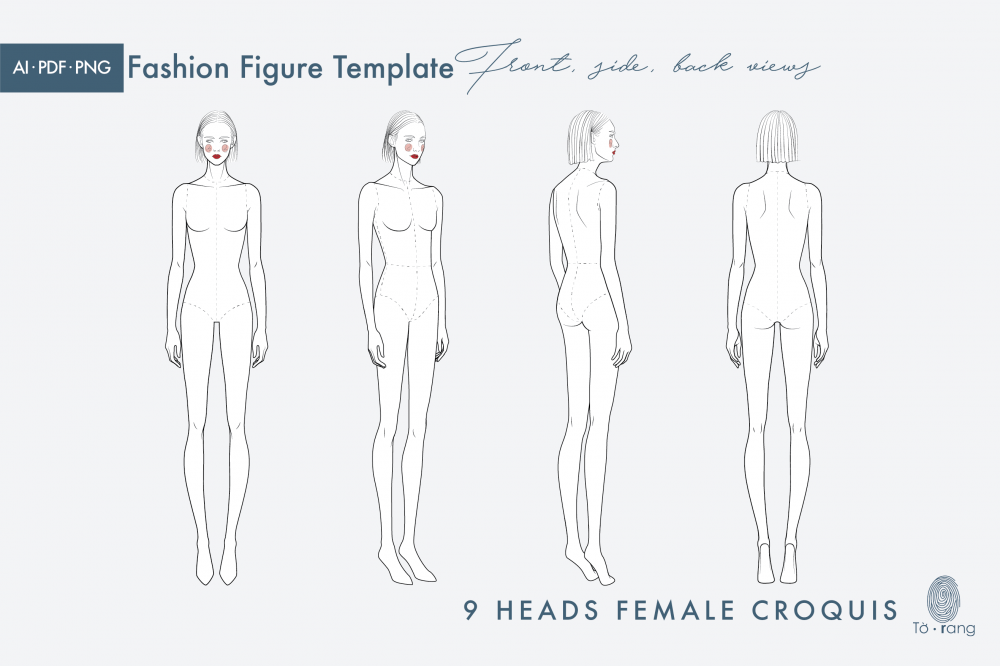 Female Fashion Figure Template - Front & 2 Side & Back Views - Design Cuts