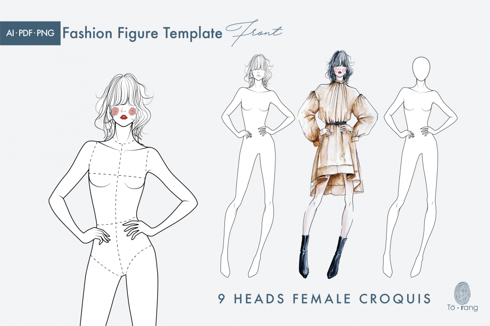 Female Fashion Figure Template - 9 Heads Fashion Croquis - Figure Drawing  For Fashion Design - Design Cuts