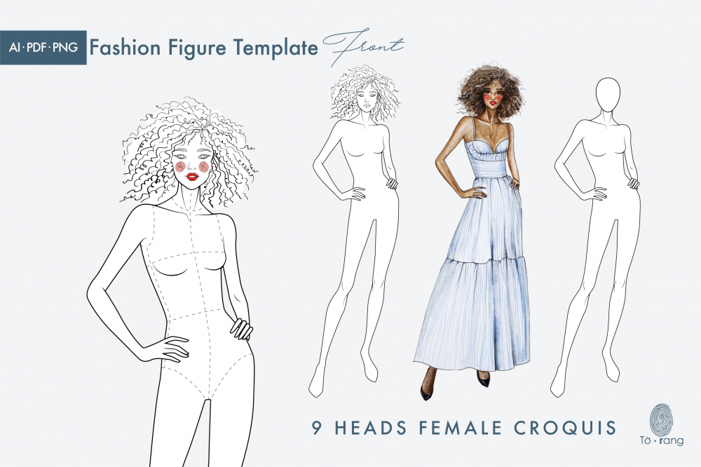 Female Fashion Croquis Template - 9 Heads Fashion Figure - Curly Hair