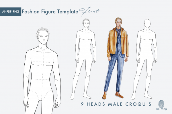 Male Fashion Figure Template 9 Heads – Catwalk Pose - Design Cuts