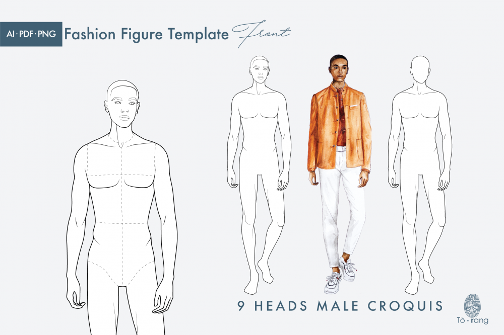 Mens Fashion Croqui Template V12 Standing Three-Quarter Pose Hands on Hips  - Designers Nexus