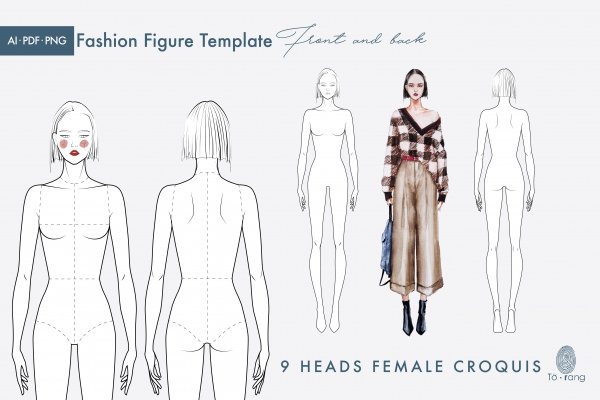 Female Fashion Croquis Template - 9 Heads Fashion Figure - Curly Hair