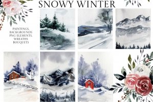 Snowy Winter Watercolor Landscapes