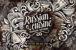 Russian Food Graphics Doodle Seamless Patterns