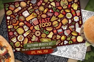 Fast Food Doodle Objects & Elements Set