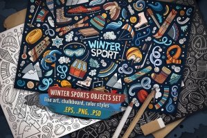 Winter Sports Doodle Objects & Elements Set