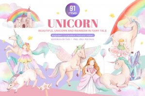 Beautiful Unicorn And Rainbow Watercolor