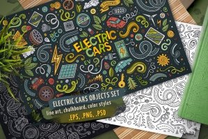 Electric Cars Doodle Objects & Elements Set