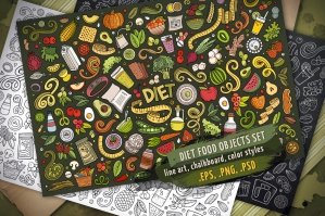 Diet Food Doodle Objects & Elements Set