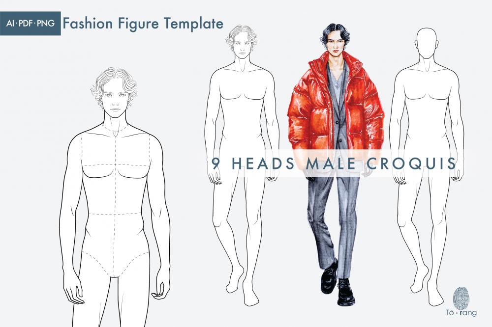 Fashion Template Of Standing Men. 9 Head Size For Technical Drawing With  And Without Main Lines. Gentlemen Figure Front And Back View. Vector  Outline Boy For Fashion Sketching And Illustration. Royalty Free
