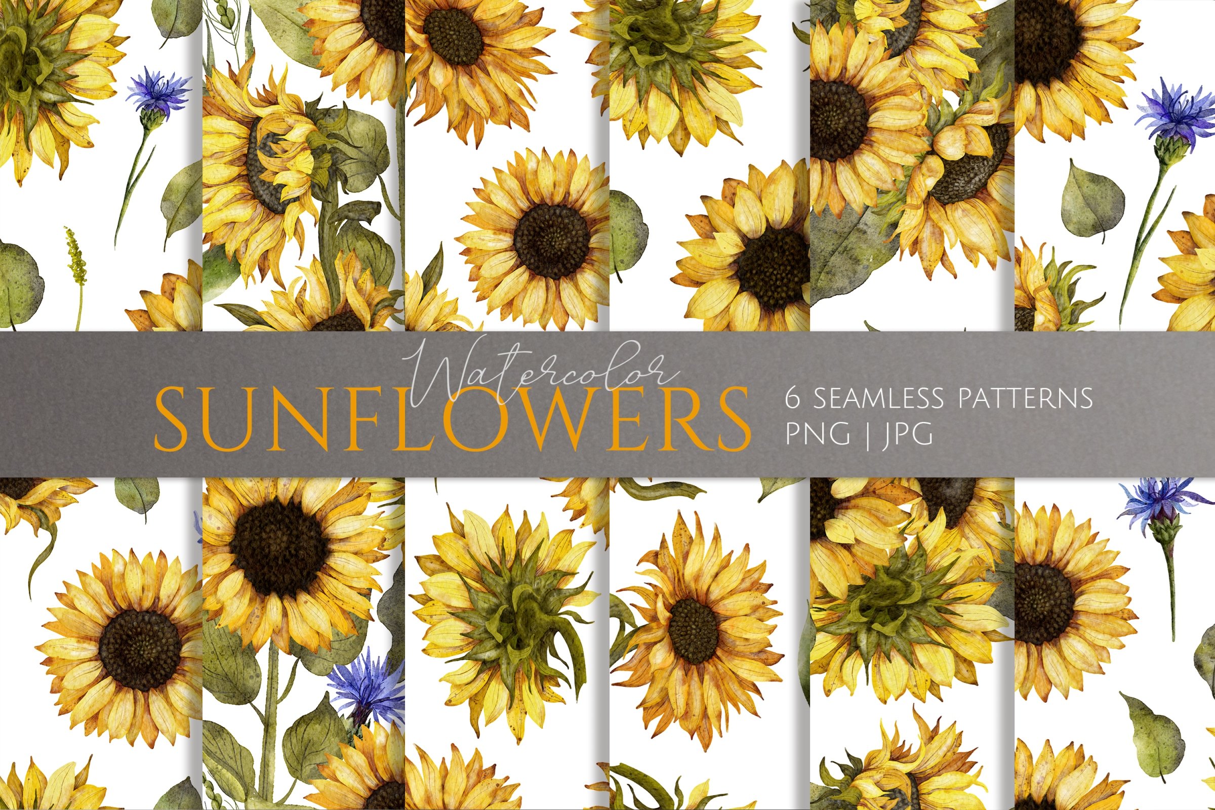 Sunflowers Watercolor Seamless Patterns - Design Cuts