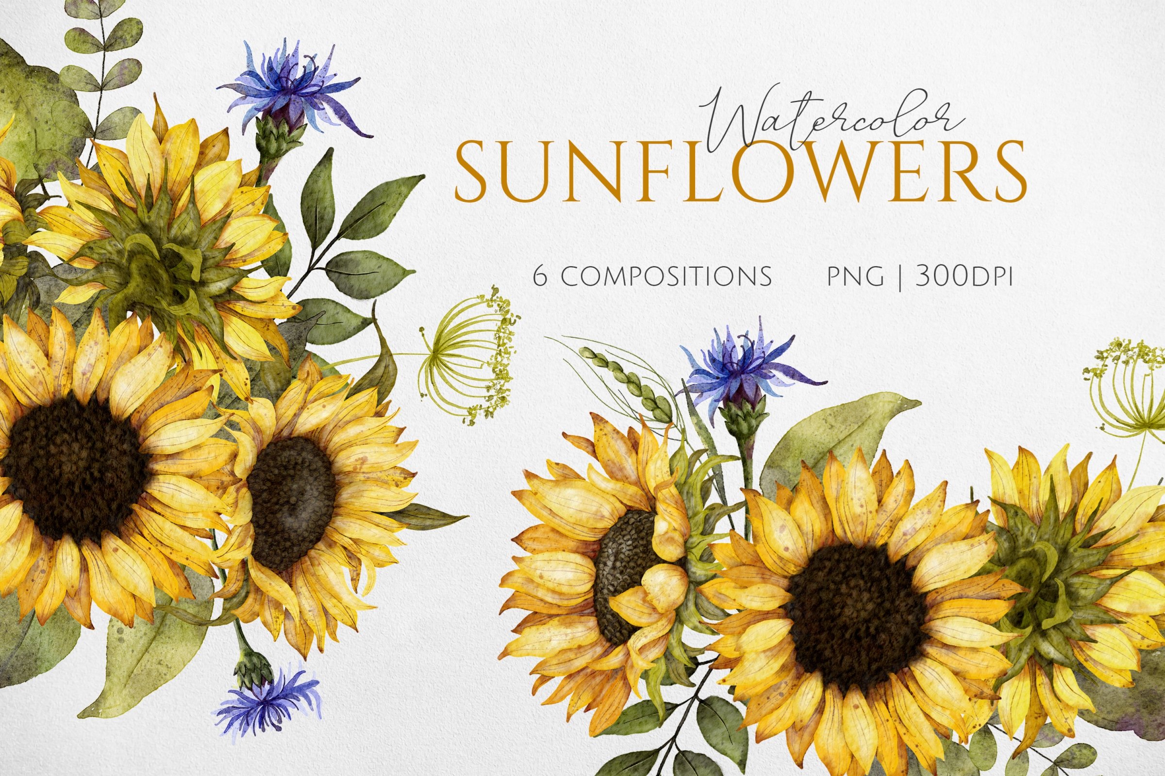 Sunflowers Watercolor Bouquets Clipart - Design Cuts