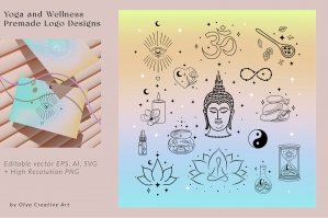 Premade Yoga And Wellness Logo Designs Abstract Spiritual Symbols Lotus Position Meditation Yin Yang Om Aum Waves Infinity Tattoo