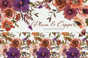Plum & Copper Watercolor Floral Clipart Collection