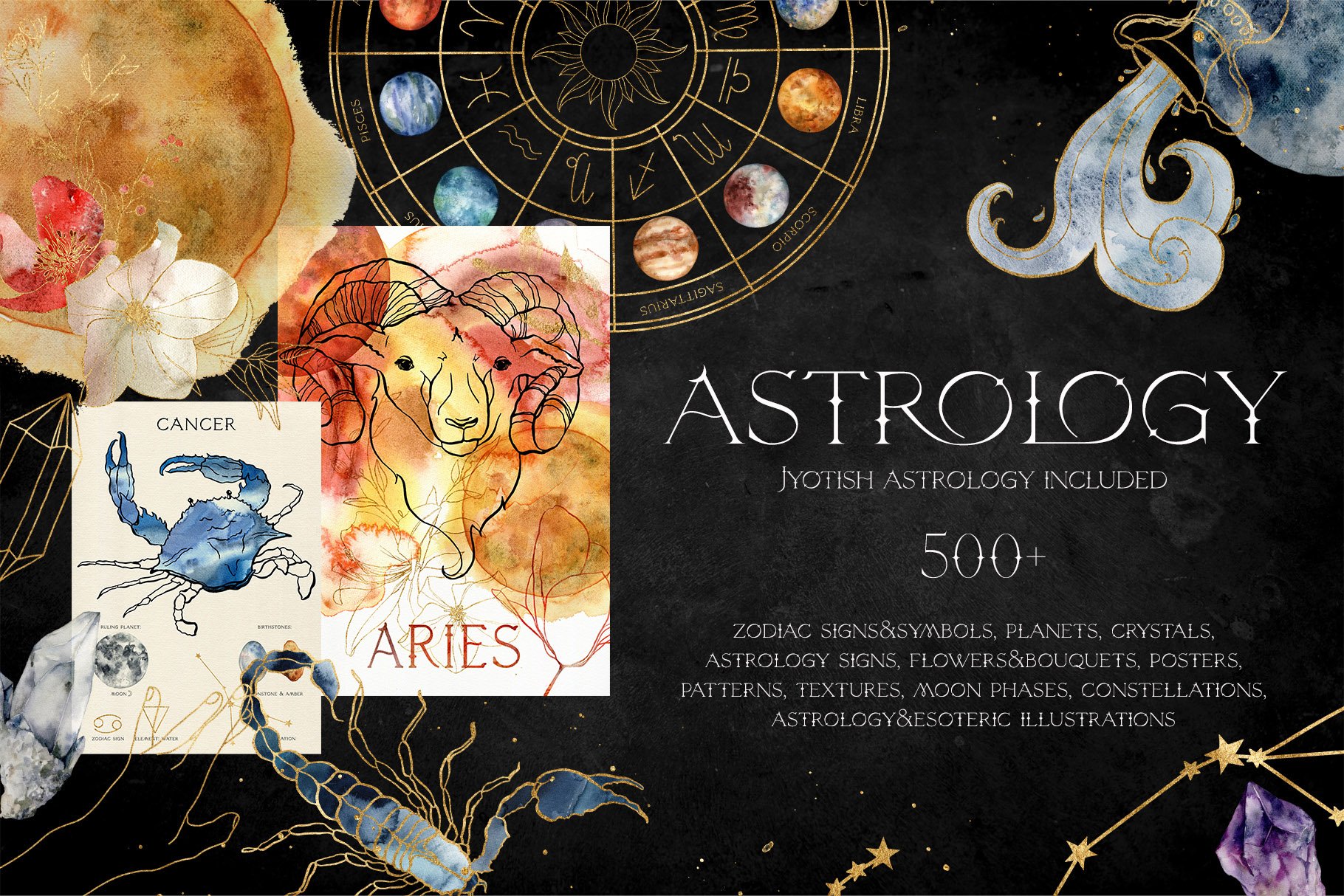 Astrology Watercolor & Line Art Zodiac Collection - Design Cuts