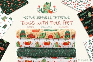 Vector Patterns Dogs With Folk Art
