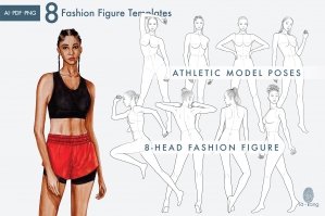 8 Female Fashion Figure Templates - Athletic Model Poses - Croquis Templates For Sportswear Fashion Illustrations - 8 Heads