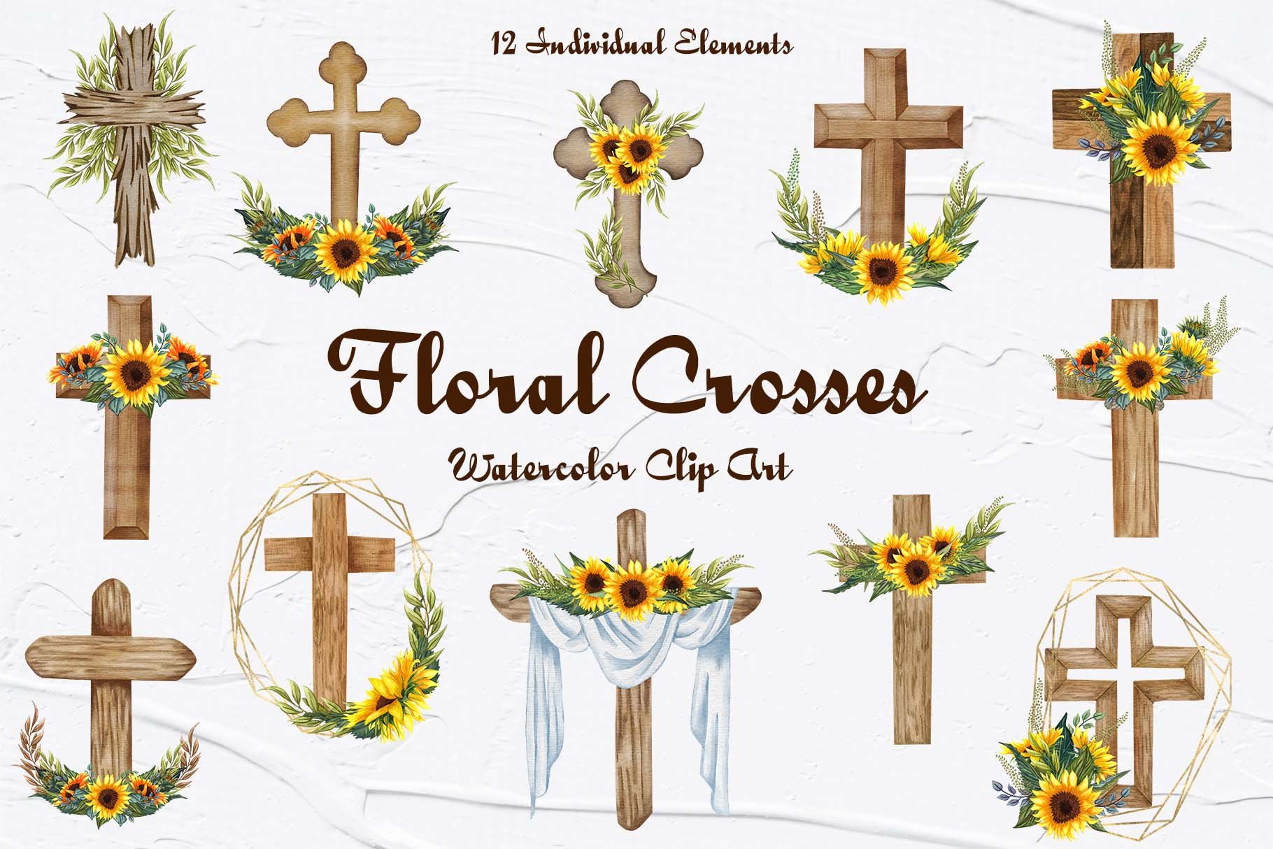 Rustic Wood Cross clipart, Watercolor Floral Crosses clipart