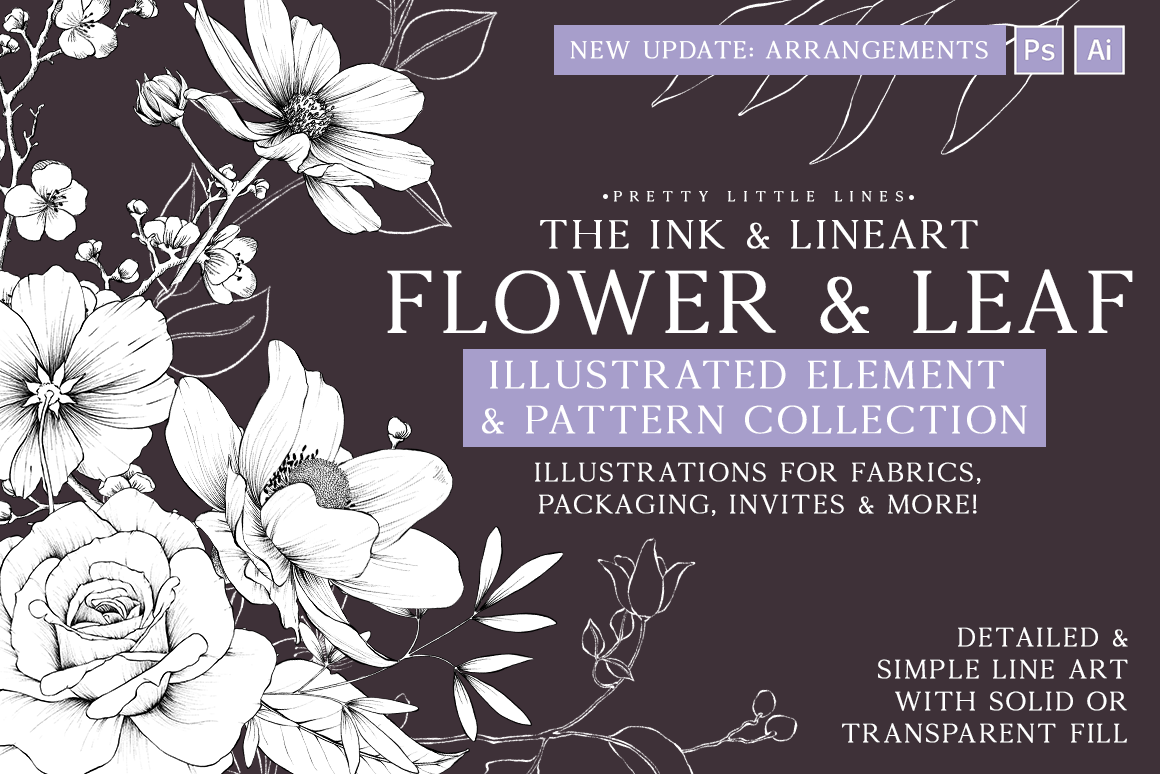 The Ink & Lineart Flower & Leaf Illustrated Element & Pattern Collection