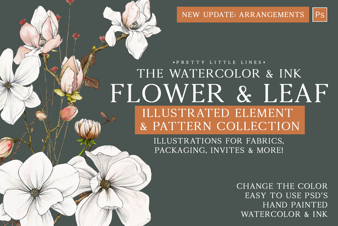 The Watercolor & Ink Flower & Leaf Illustrated Element & Pattern Collection