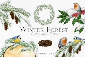 Watercolor Winter Forest Clipart