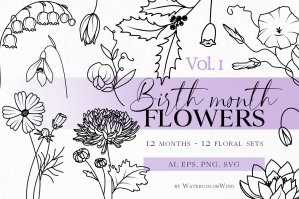 12 Birth Month Flowers Vector Set In Line Style - Part 1