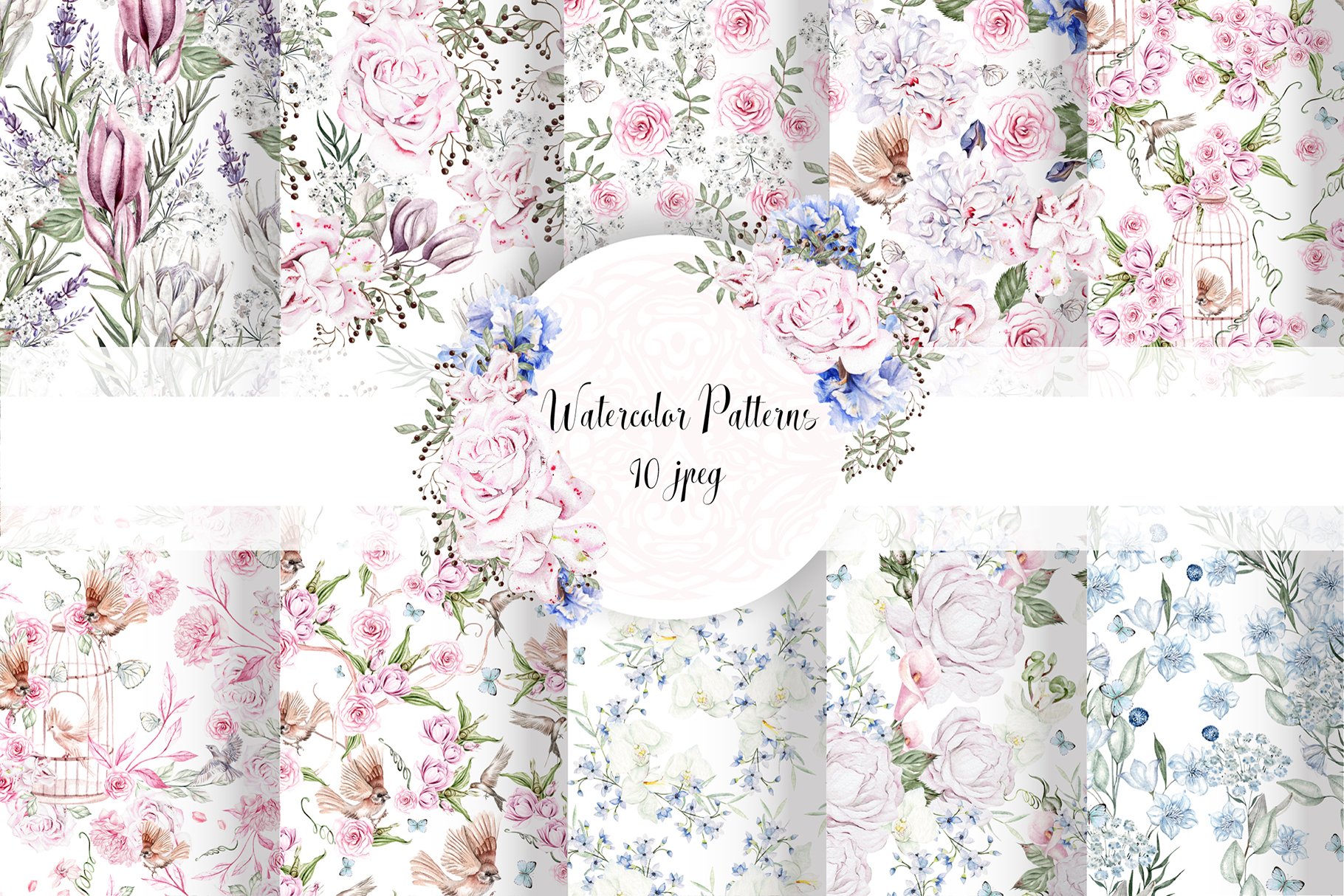 10 Hand Drawn Watercolor Patterns - Design Cuts