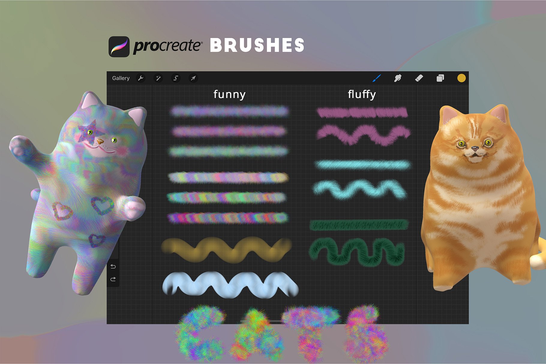Metaverse Cats 3D Models Procreate Fur Brushes Gradient Backgrounds