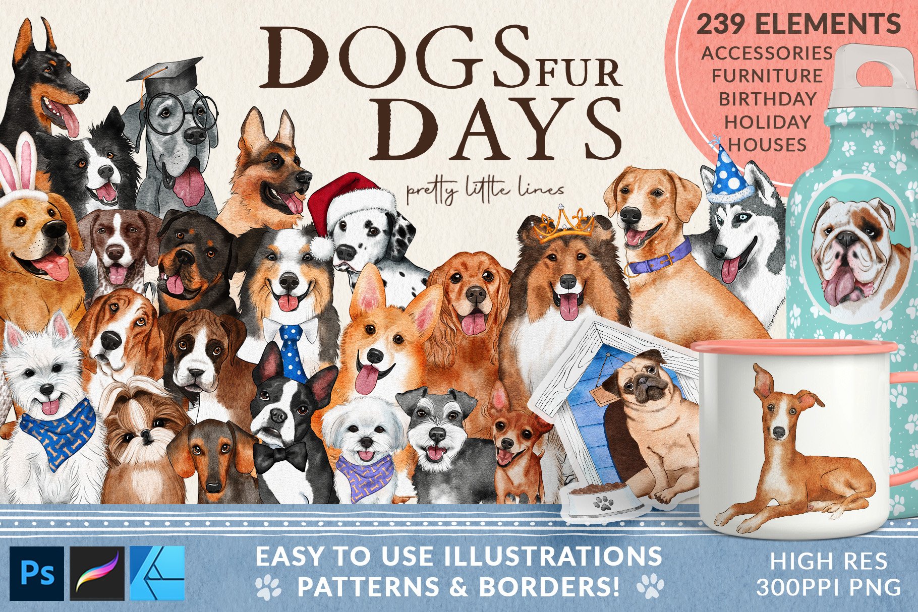 Dogs Fur Days - Dog Illustrations Patterns & Borders