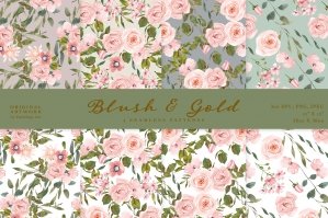Watercolor Blush Gold Roses Seamless Pattern Set