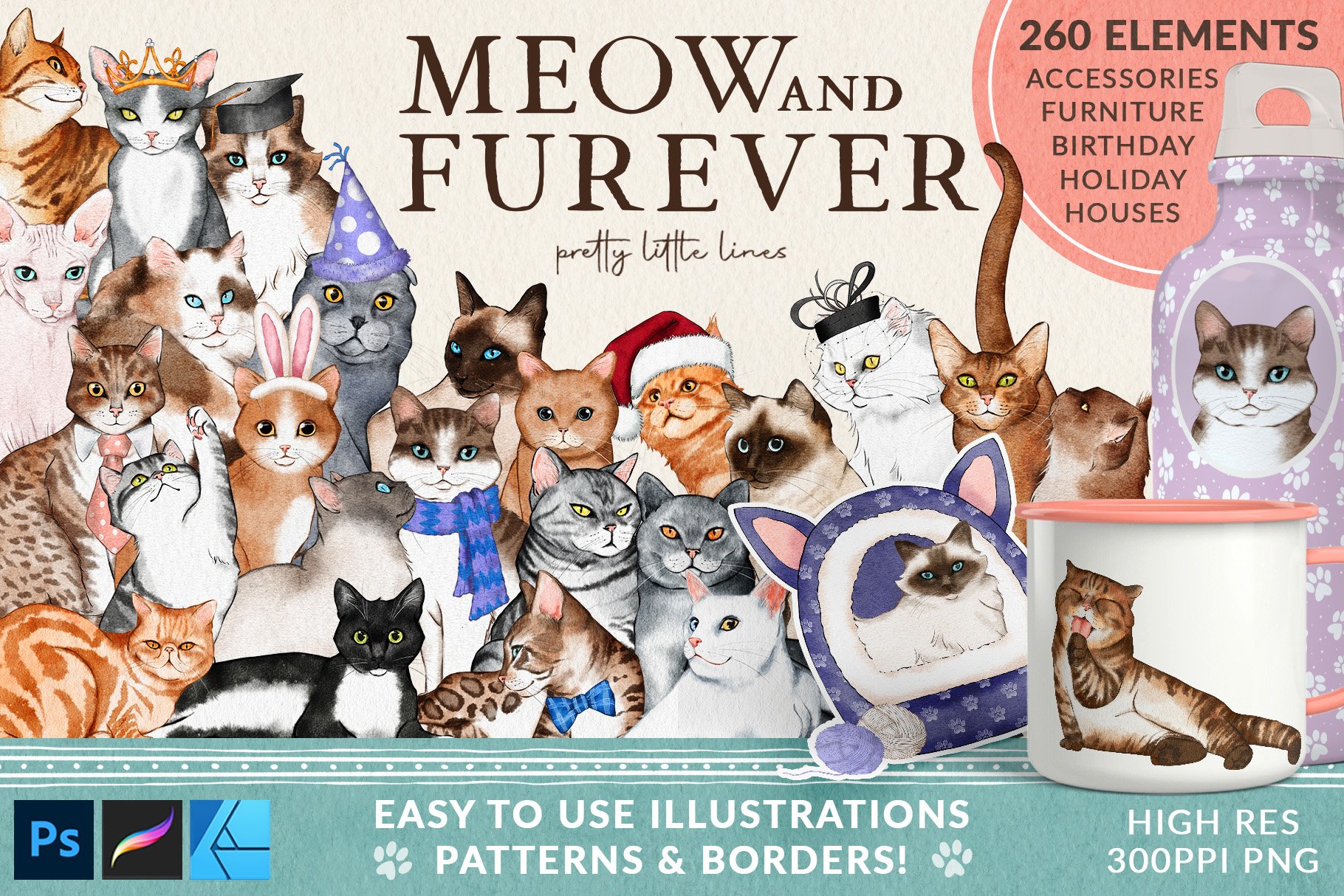 Meow And Furever - Cat Illustrations Patterns & Borders