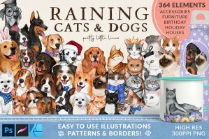 Raining Cats & Dogs - Pet Illustrations Patterns & Borders