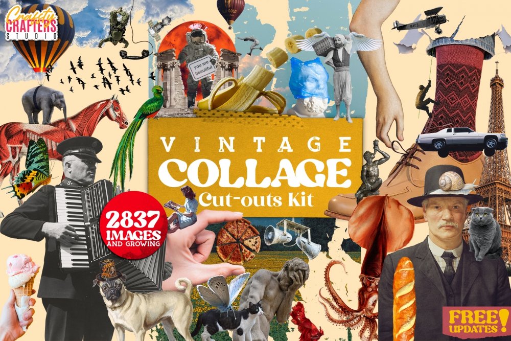 Vintage Collage Kit, Collage Cut-outs, Magazine Cut Outs, Cities, People,  Flowers, Animals, Food, Tech 