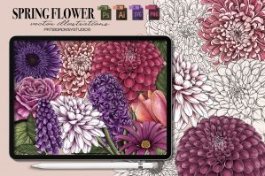 Spring Flower Vector & Pixel Line Art Illustrations