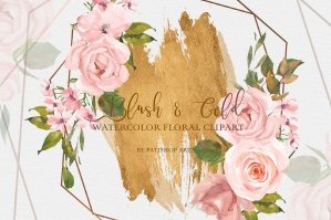 Watercolor Blush & Gold Floral Clipart Collection