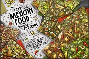 Mexican Food Cartoon Doodle Seamless Patterns