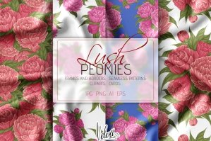 Lush Peonies Vector Set Of Patterns Frames And Cliparts