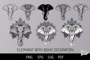 Set Elephant Heads With Boho Decoration