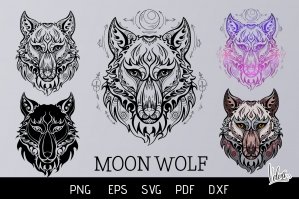 Set Of Moon Wolves Heads With Tribal Decoration- 5 Variation