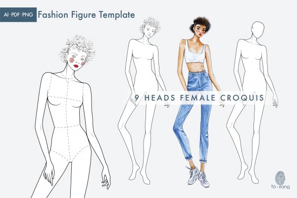 Female Fashion Croquis Template - 9 Heads Fashion Figure - Curly Hair -  Design Cuts