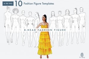 10 Female Fashion Croquis Templates - 8 Heads Fashion Figure