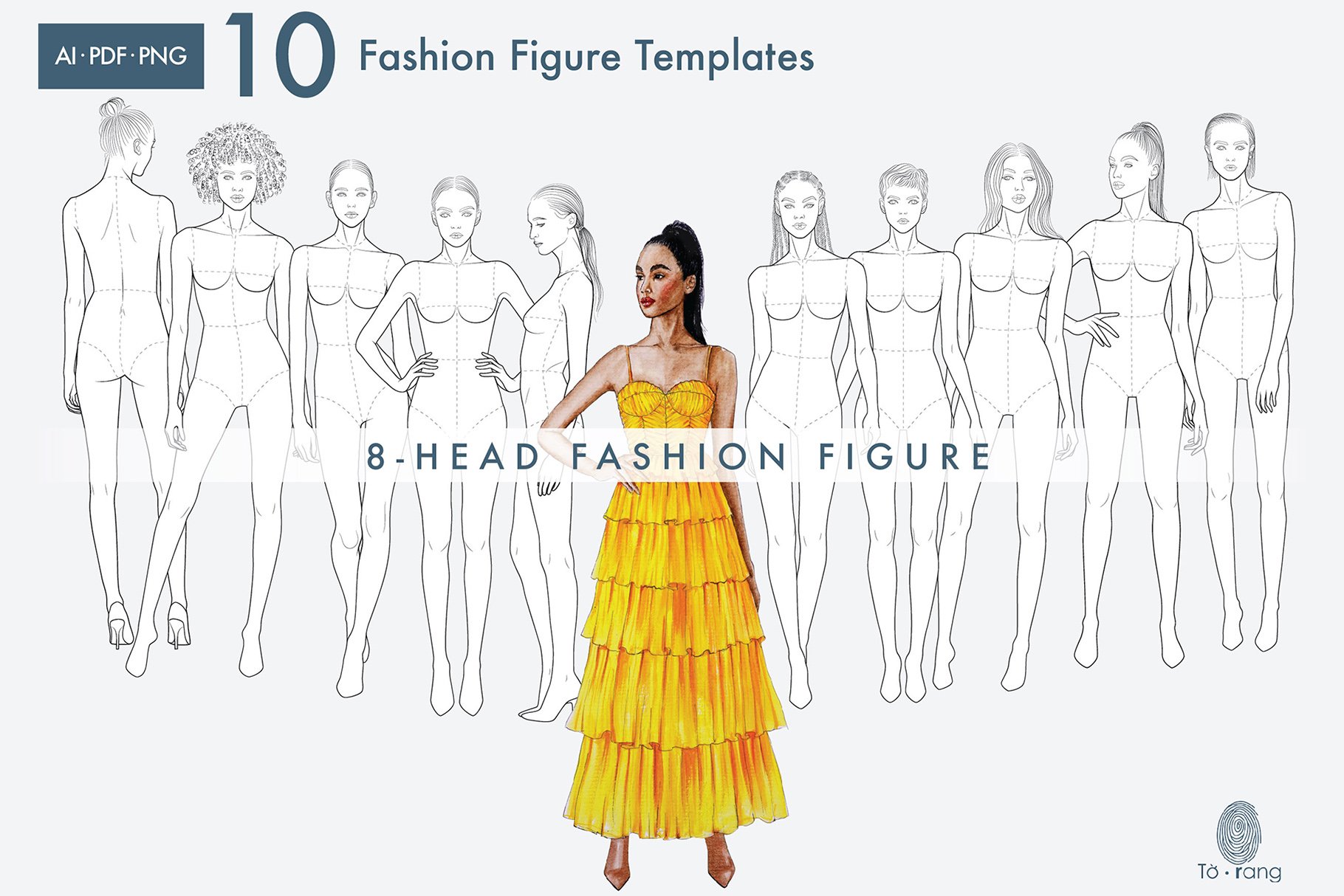 10 Female Fashion Croquis Templates - 8 Heads Fashion Figure - Design Cuts