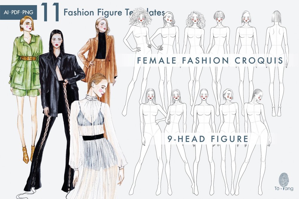 Fashion Template Of 50 Women In Different Poses With Main Lines. 9 Head  Size For Technical Drawing. Lady Figure Front, Side, 3-4 And Back View.  Vector Girls For Fashion Sketching And Illustration.