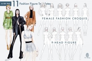 11 Female Fashion Figure Templates - Croquis Templates For Fashion Illustrations - 9 Head Figure - Hairstyle Templates