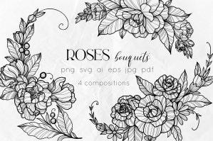 Roses Bouquets Line Art