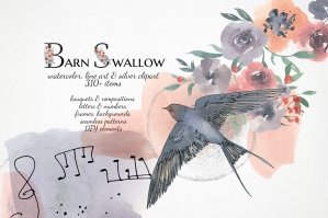 Watercolor Floral Swallow Bird Clipart